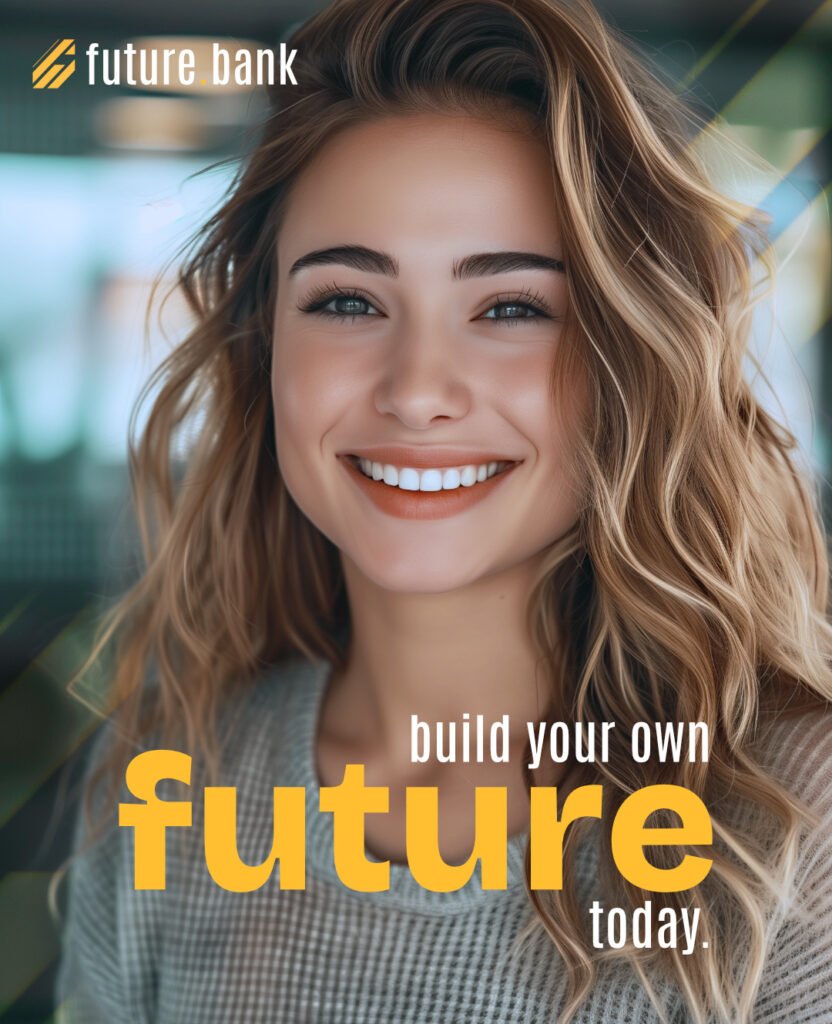 Social media graphic featuring Future Bank's mobile app interface