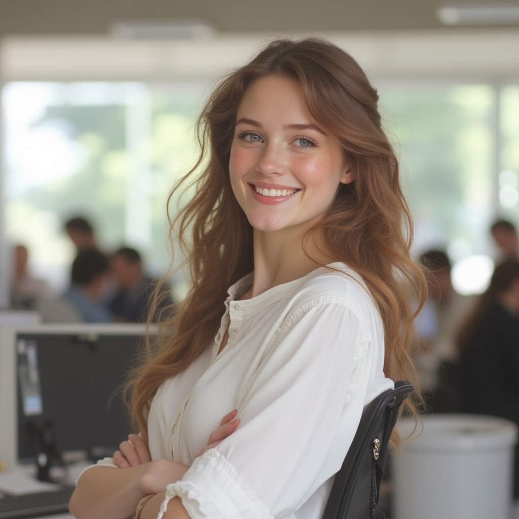 A cheerful woman in an office smiles brightly, showcasing a friendly and welcoming work environment.